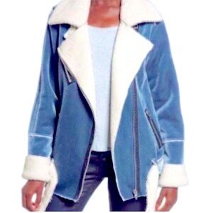 BlankNYC Blue faux shearling velvet moto/aviator Jacket